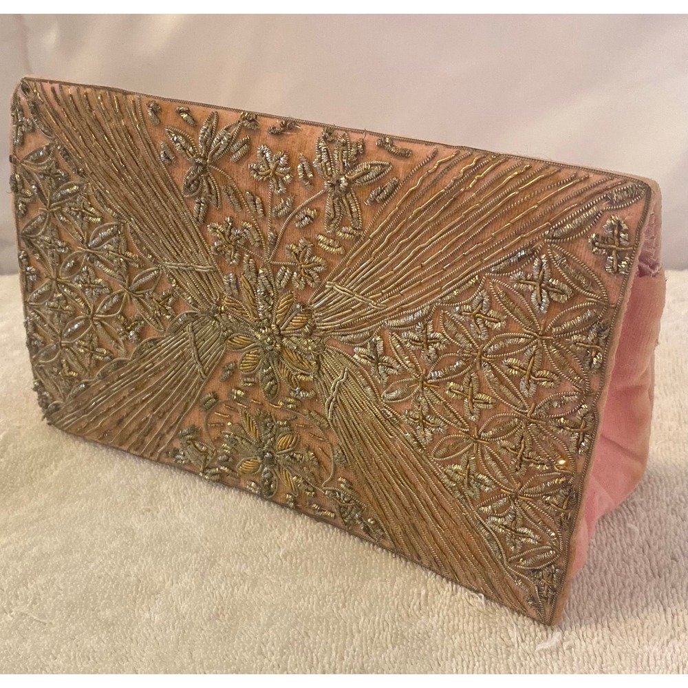 Vintage Pink Velvet Zardozi Gold Embroidered Clutch Bag India Evening Purse